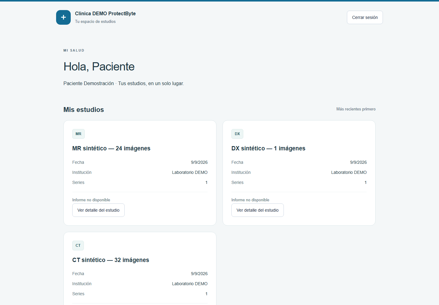 DICOM Cloud: portal de paciente con estudios sintéticos de demostración